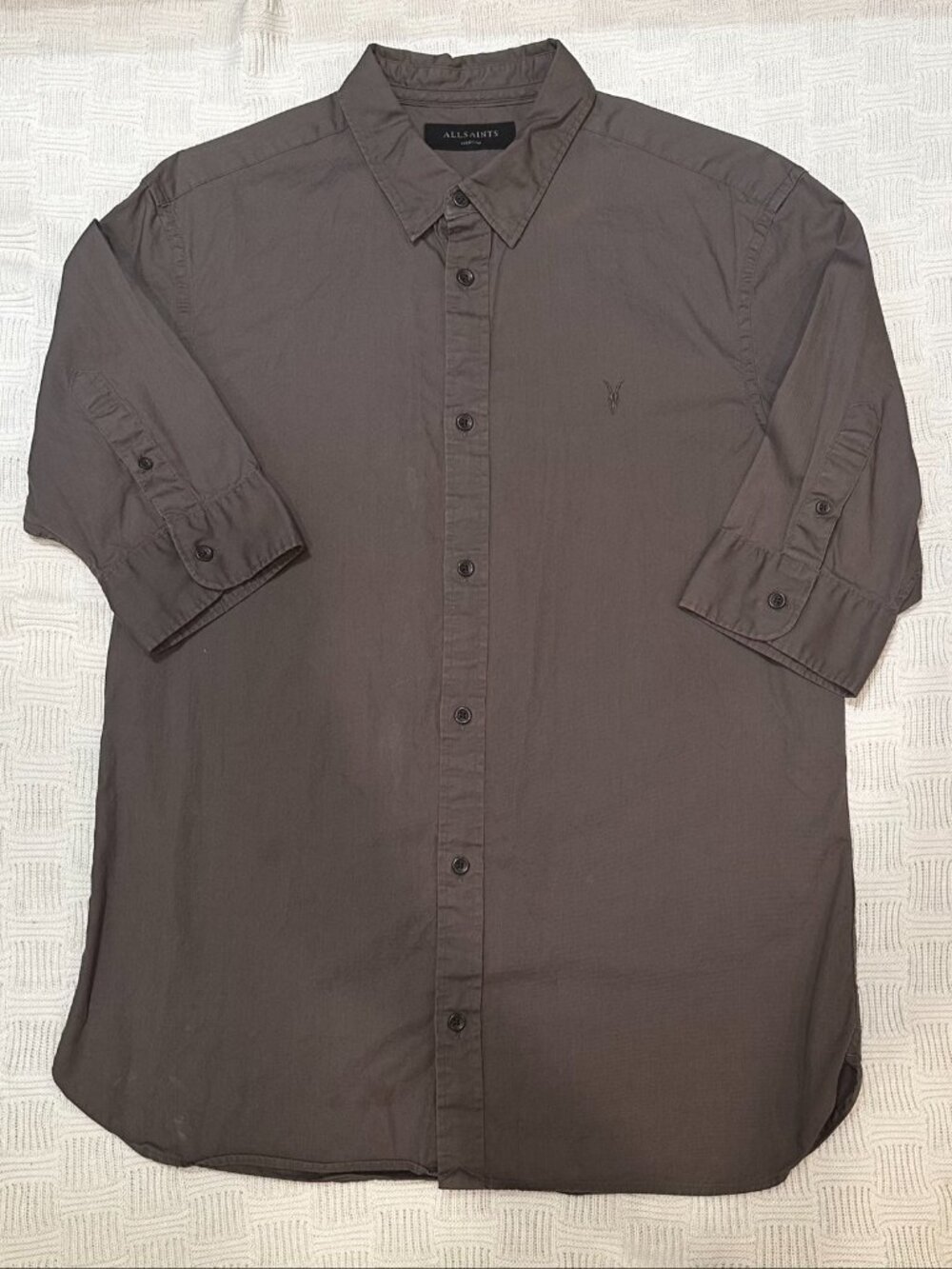AllSaints Redondo Charcoal Gray Cotton Short Sleeve Button Up Shirt Mens M